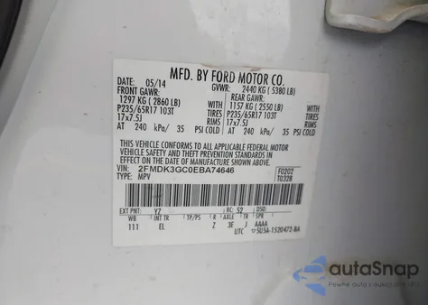 2014 Ford Edge Se z USA, uszkodzony, nr VIN 2FMDK3GC0EBA74646